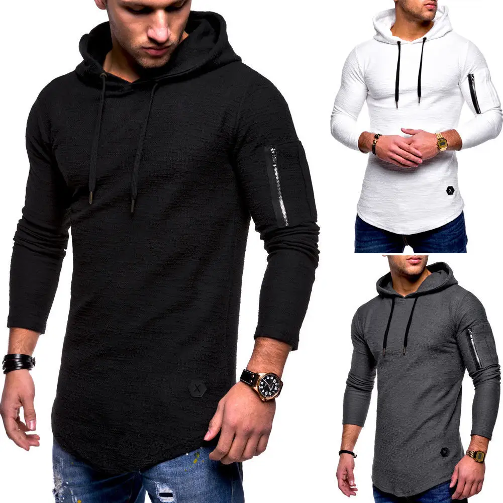 Men Hooded Long Sleeve T-Shirt Black Grey with Zipper Arm Sleeve — feature 4