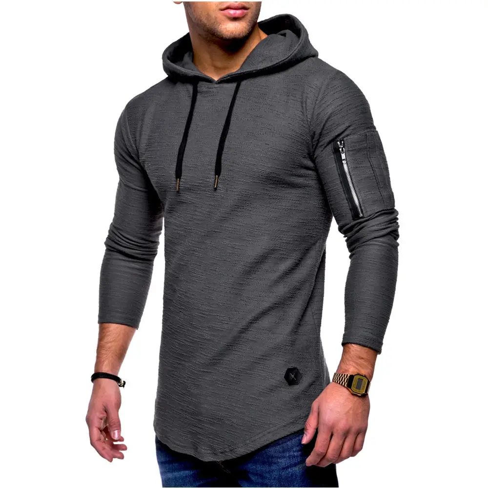 Men Hooded Long Sleeve T-Shirt Black Grey with Zipper Arm Sleeve — feature 5