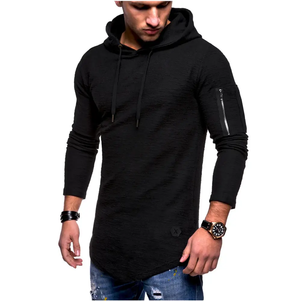 Men Hooded Long Sleeve T-Shirt Black Grey with Zipper Arm Sleeve — feature 7