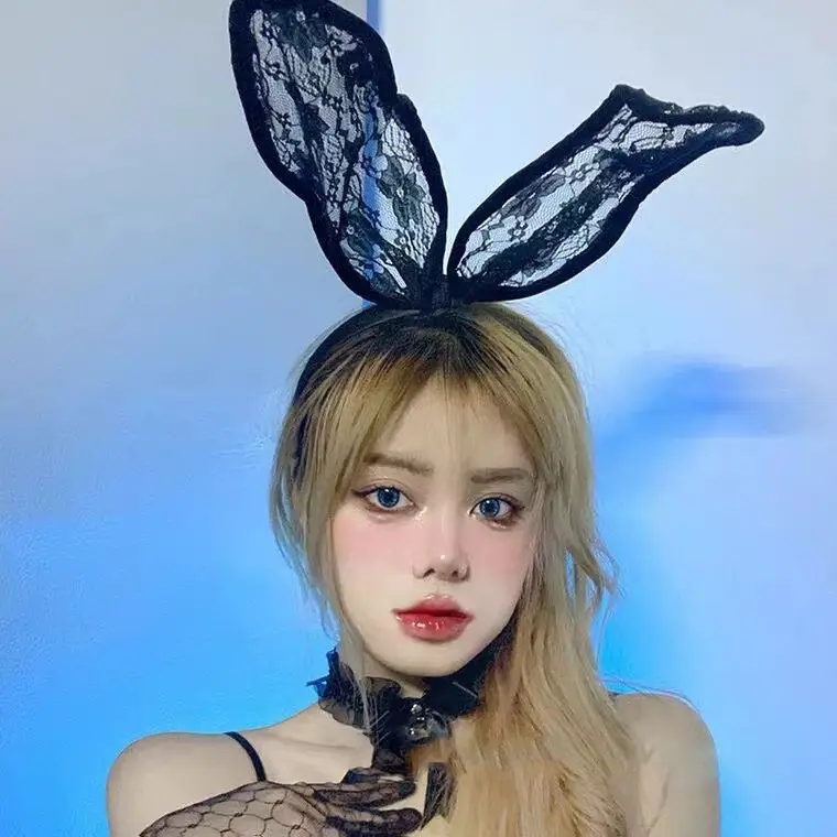Black Lace Rabbit Ears Headband for Girls Party Dance - Image 2