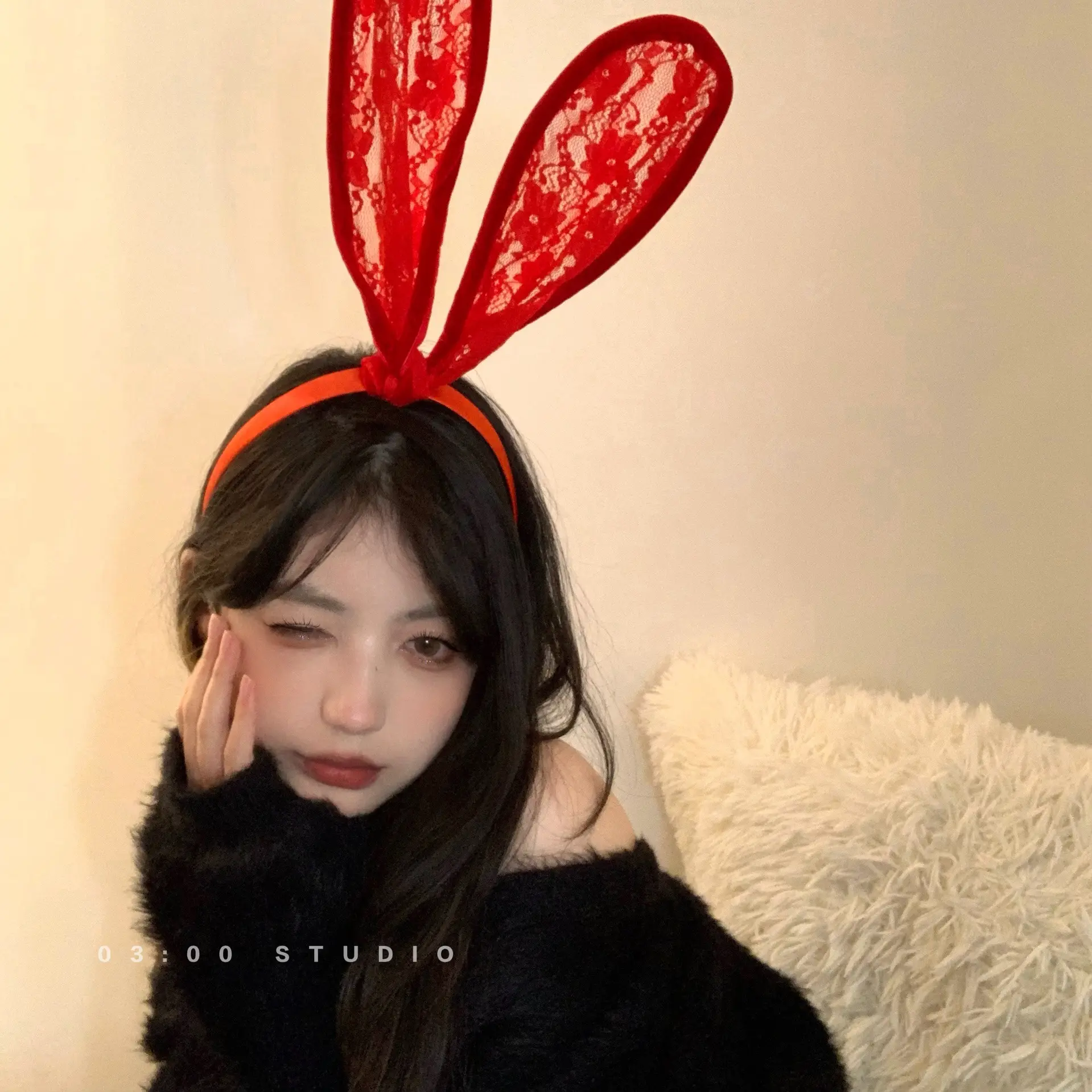 Black Lace Rabbit Ears Headband for Girls Party Dance - Image 4