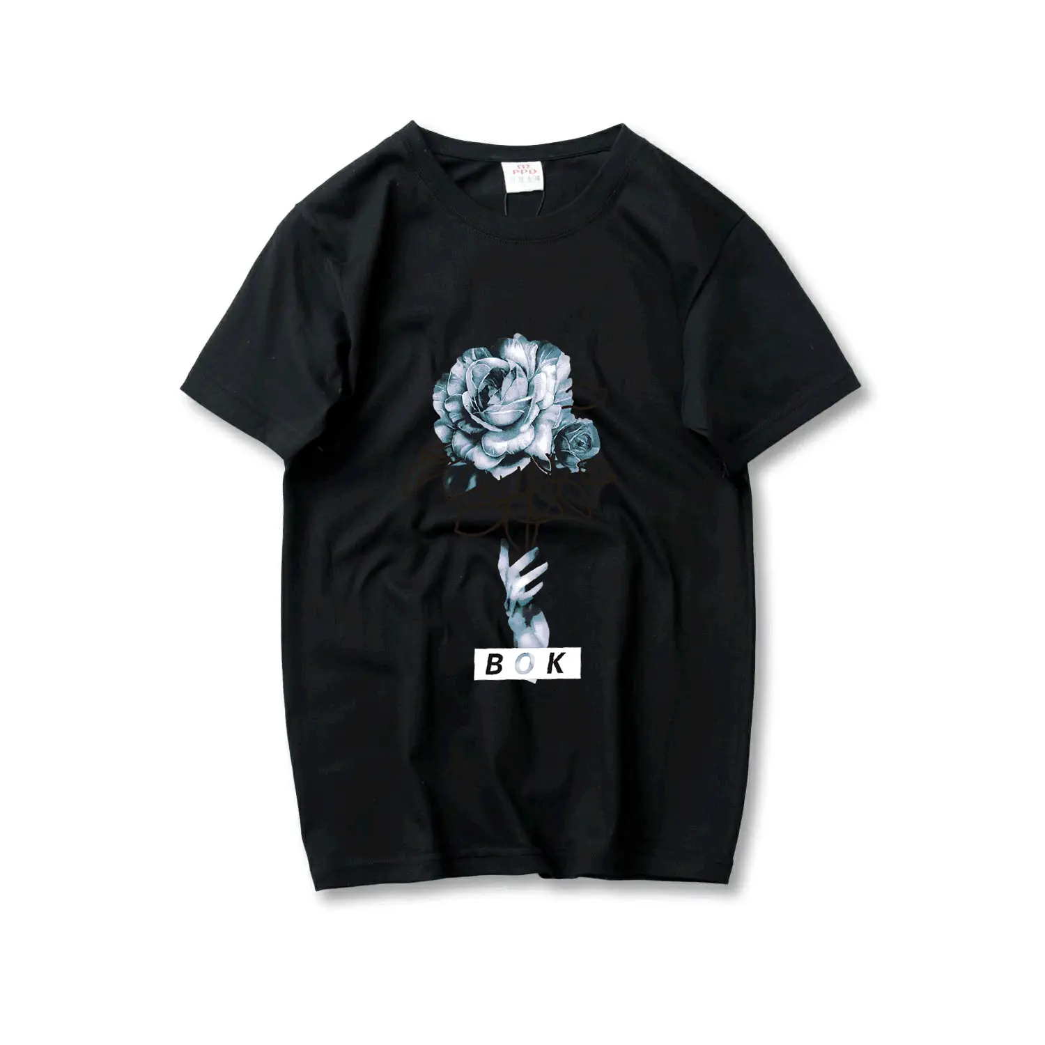 Red Black Rose Graphic T-Shirt Large Loose Sleeve Teenwear