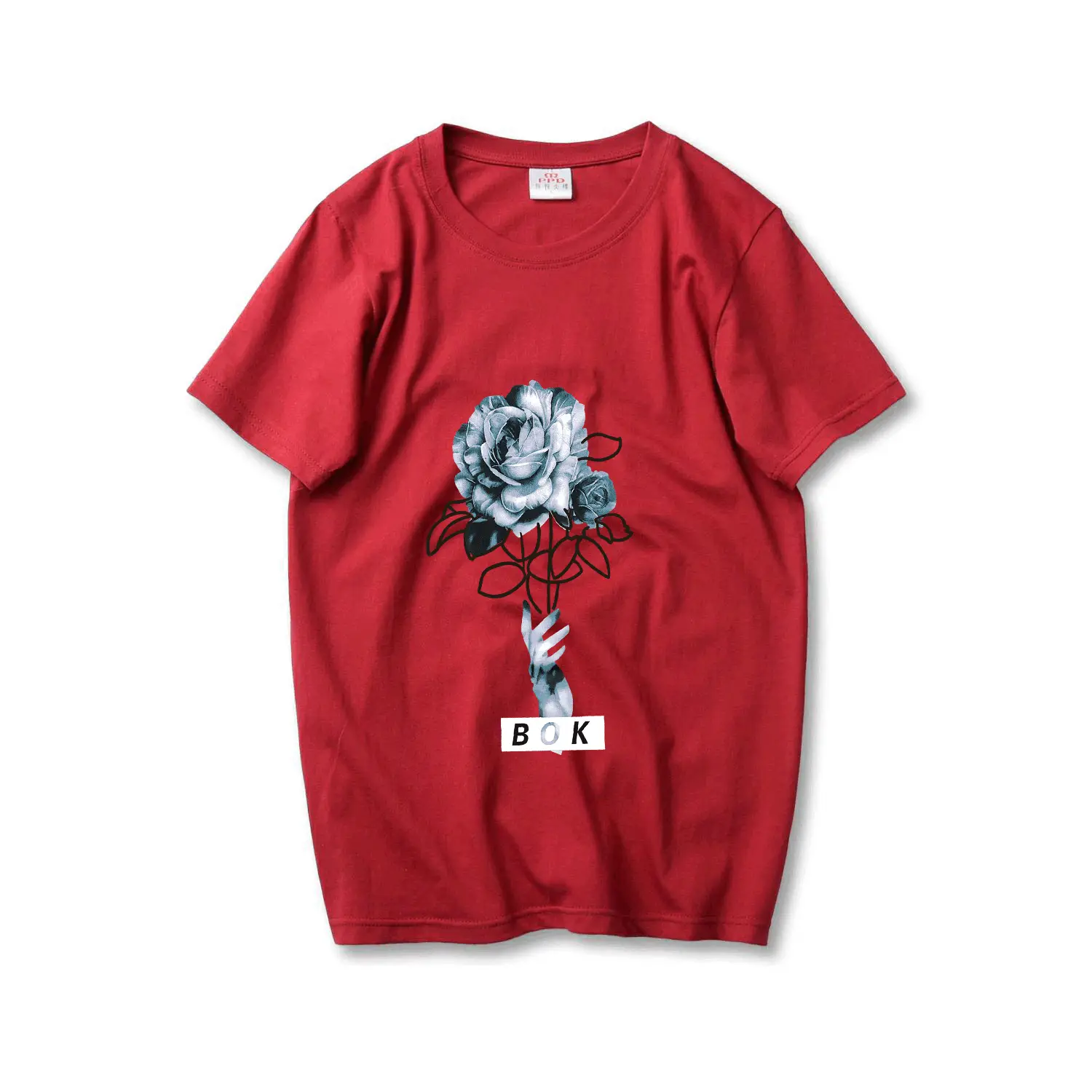 Red Black Rose Graphic T-Shirt Large Loose Sleeve Teenwear
