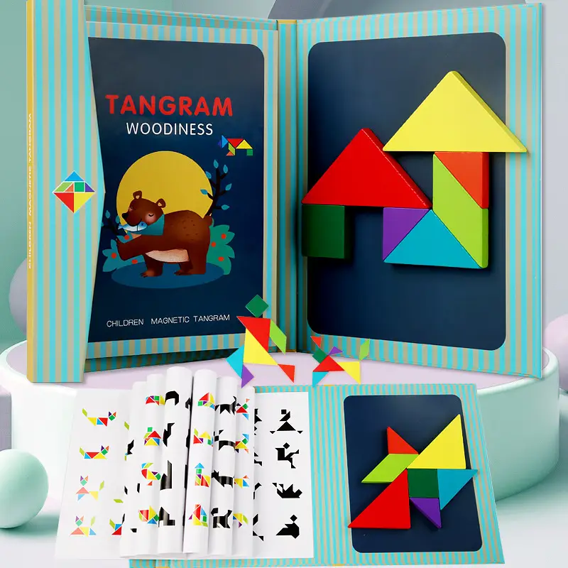 Magnetic Tangram Puzzle for Kids 14 Piece Wooden Toy - Image 3