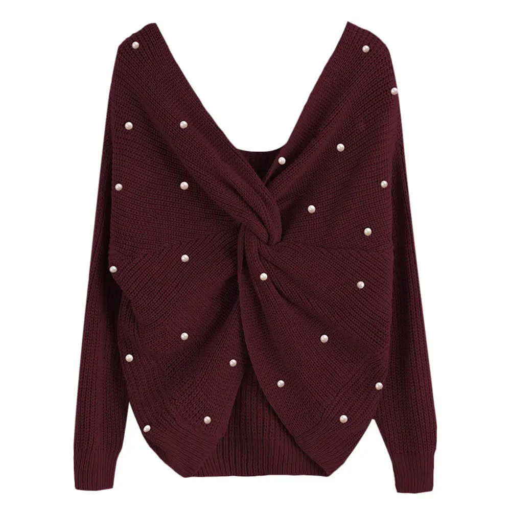 Women's Maroon Knitted Long Sleeve Sweater with Twist - Image 15