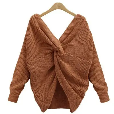 Women's Maroon Knitted Long Sleeve Sweater with Twist - Image 7