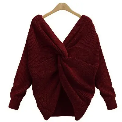Women's Maroon Knitted Long Sleeve Sweater with Twist - Image 8