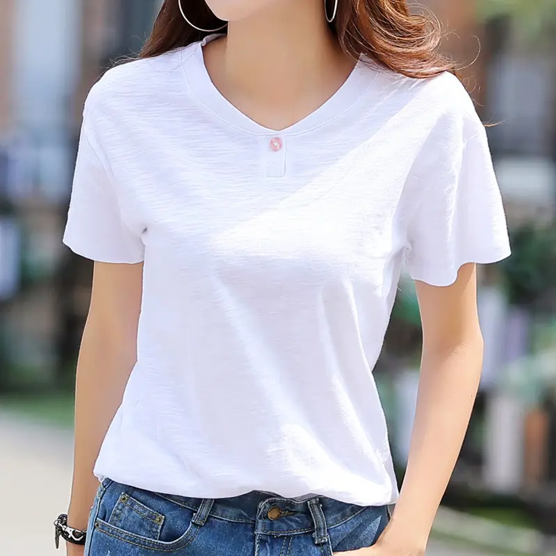 Women V-Neck Cotton T-Shirt Olive Green Short Sleeve - Image 9