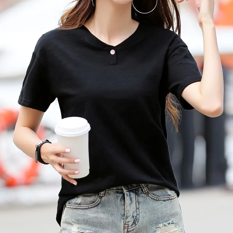 Women V-Neck Cotton T-Shirt Olive Green Short Sleeve - Image 10