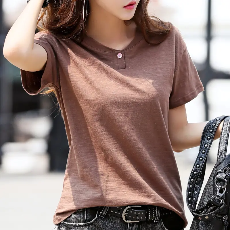 Women V-Neck Cotton T-Shirt Olive Green Short Sleeve - Image 5