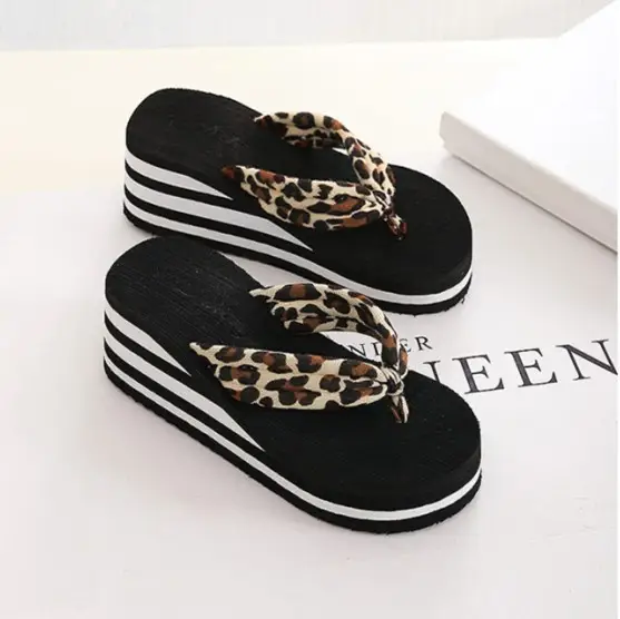 Women Black Leopard Print Wedge Sandals - Image 2