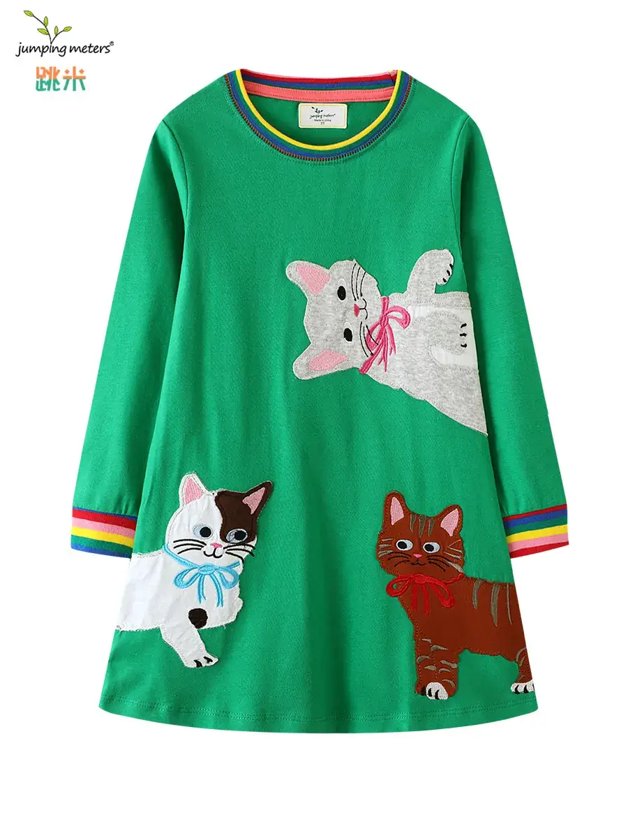 Girls Knitted Long Sleeve Skirt Dress Green Cat Print - Image 6