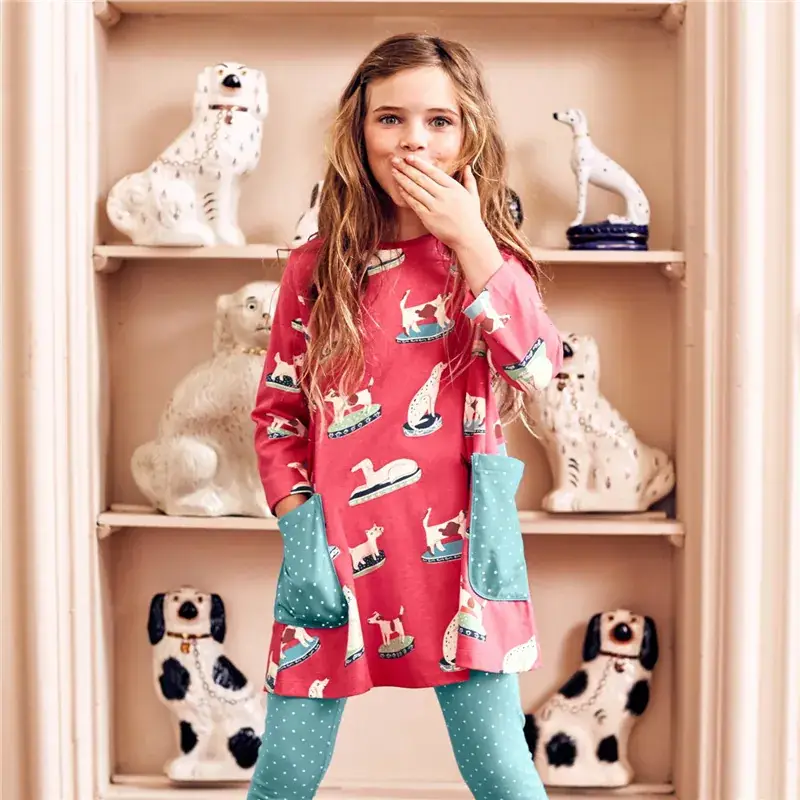 Girls Cartoon Print Pink Tights Set Spring Dress - Image 3