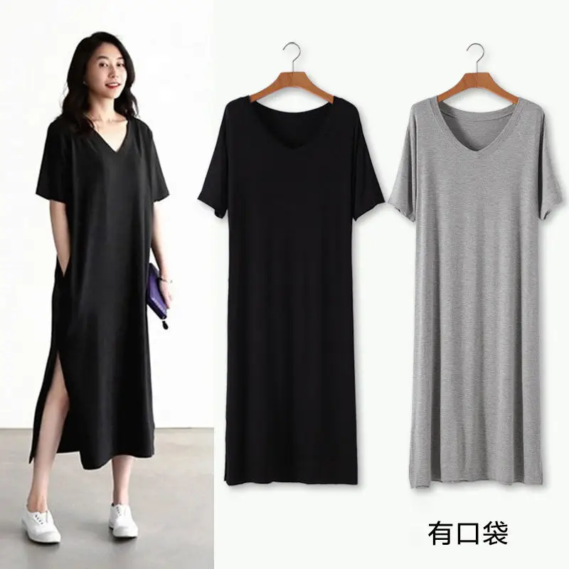 Women's V-Neck Long Grey Modal T-Shirt - Image 6