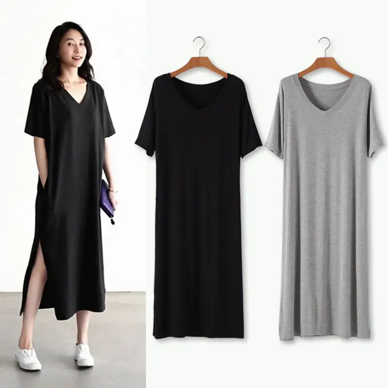 Women's V-Neck Long Grey Modal T-Shirt - Image 8