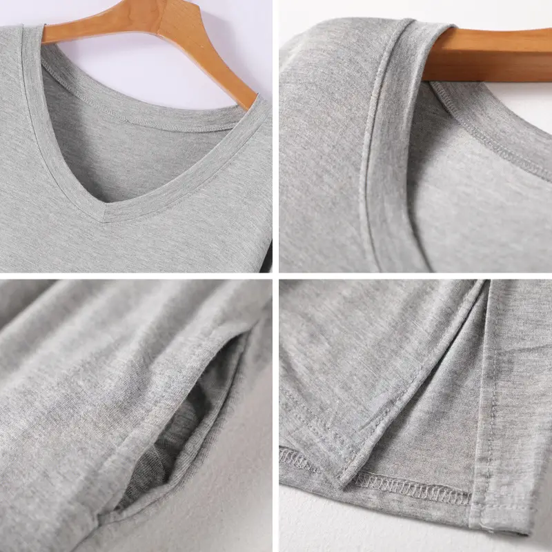 Women's V-Neck Long Grey Modal T-Shirt - Image 9