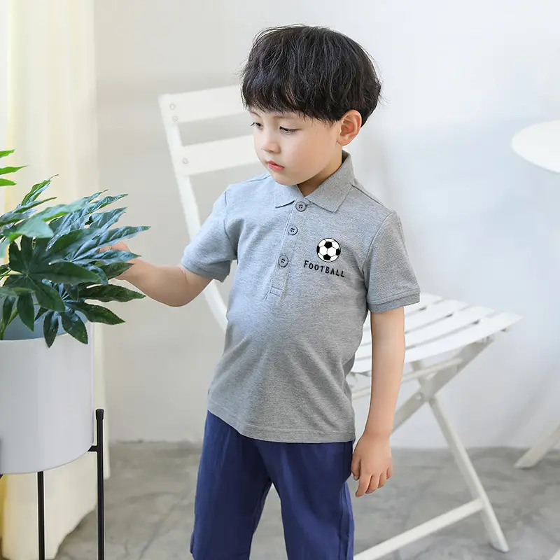 Boys Football Polo Shirt Grey Pure Cotton Short Sleeve