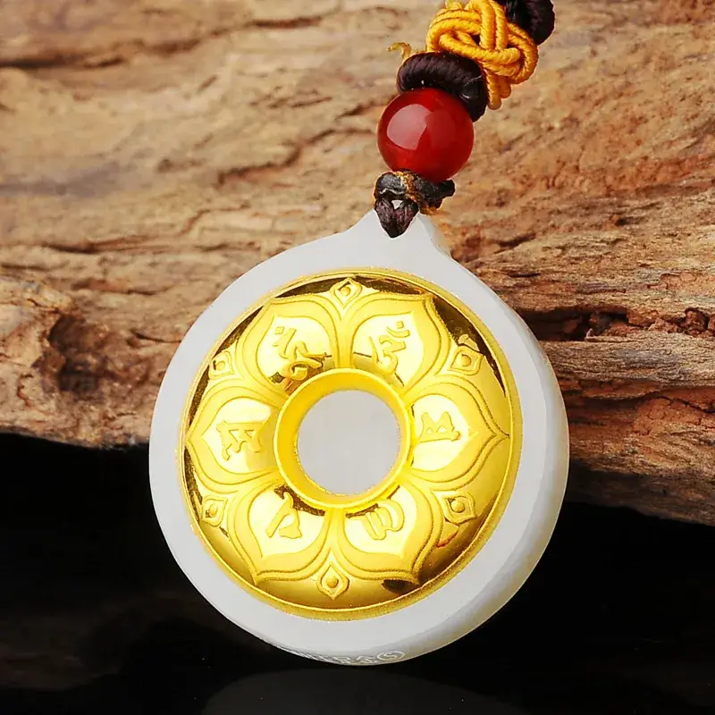 Natural Hetian Jade Gold Inlaid Necklace with Six-Character Mantra - Image 2
