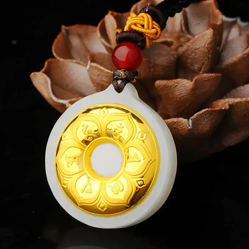 Natural Hetian Jade Gold Inlaid Necklace with Six-Character Mantra - Image 4