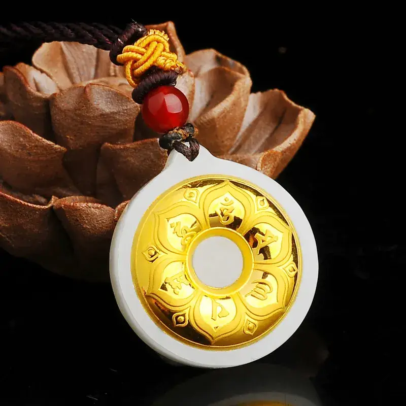 Natural Hetian Jade Gold Inlaid Necklace with Six-Character Mantra - Image 5
