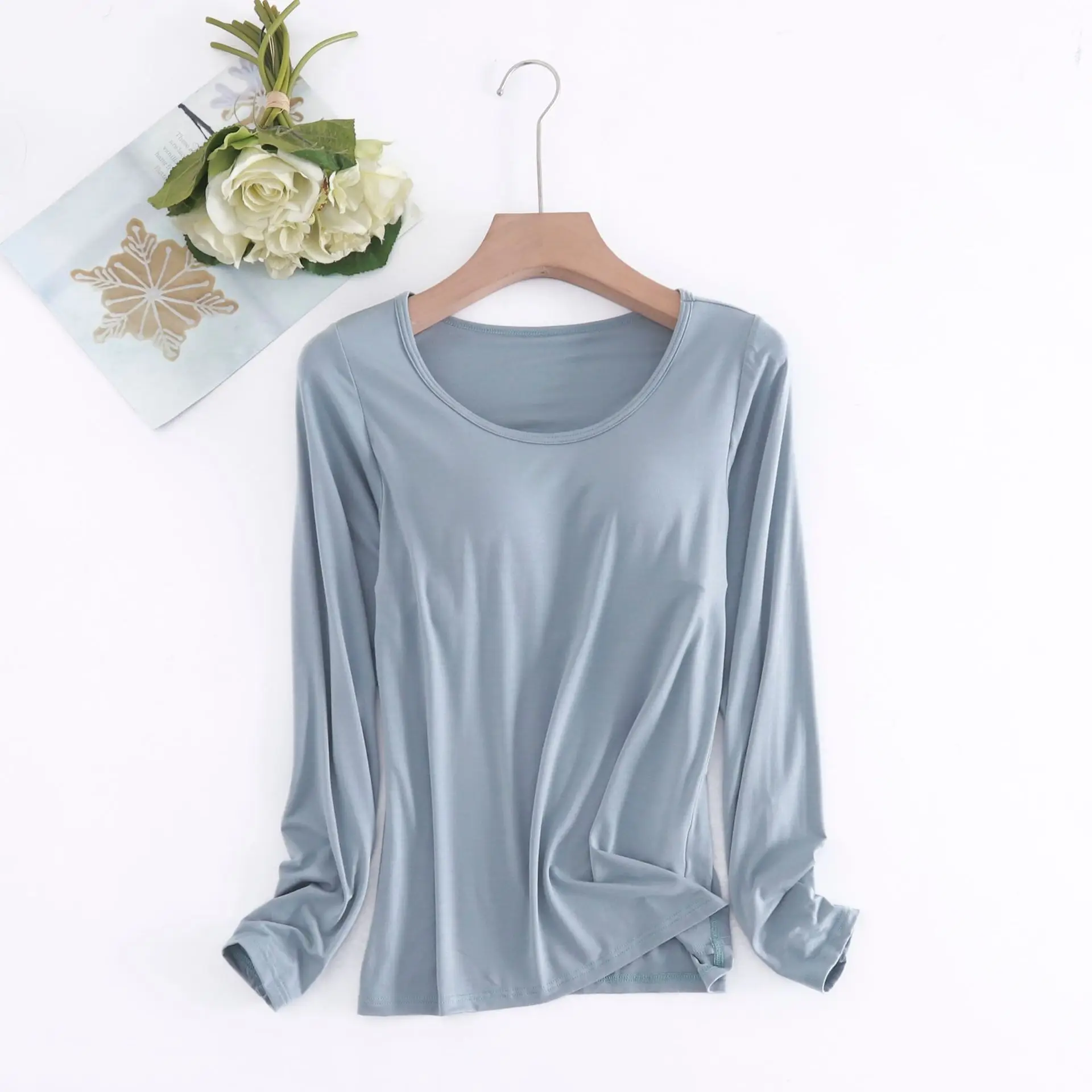 Women Long Sleeve Soft Satin Top Mint Green