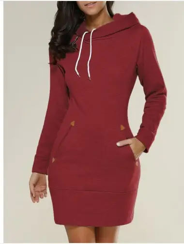 Maroon Hooded Zipper Pullover Dress for Women