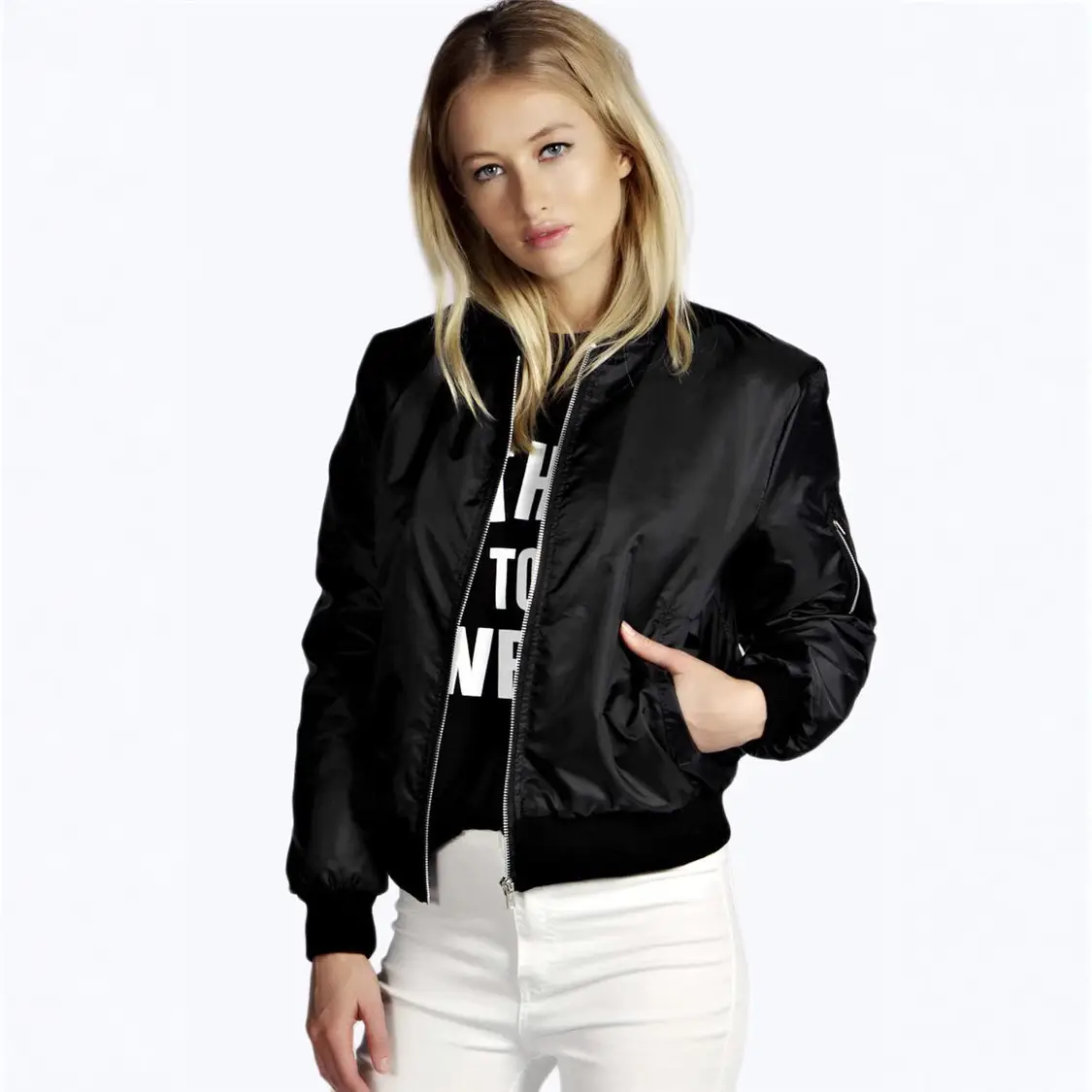 Black Bomber Jacket with White Print for Women - Image 6