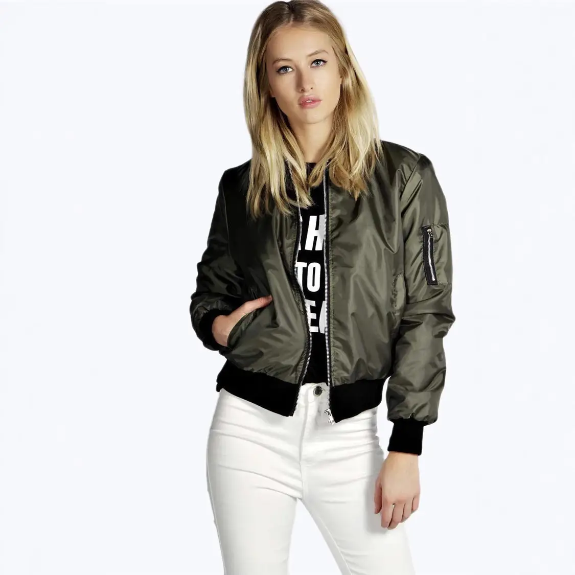 Black Bomber Jacket with White Print for Women - Image 7
