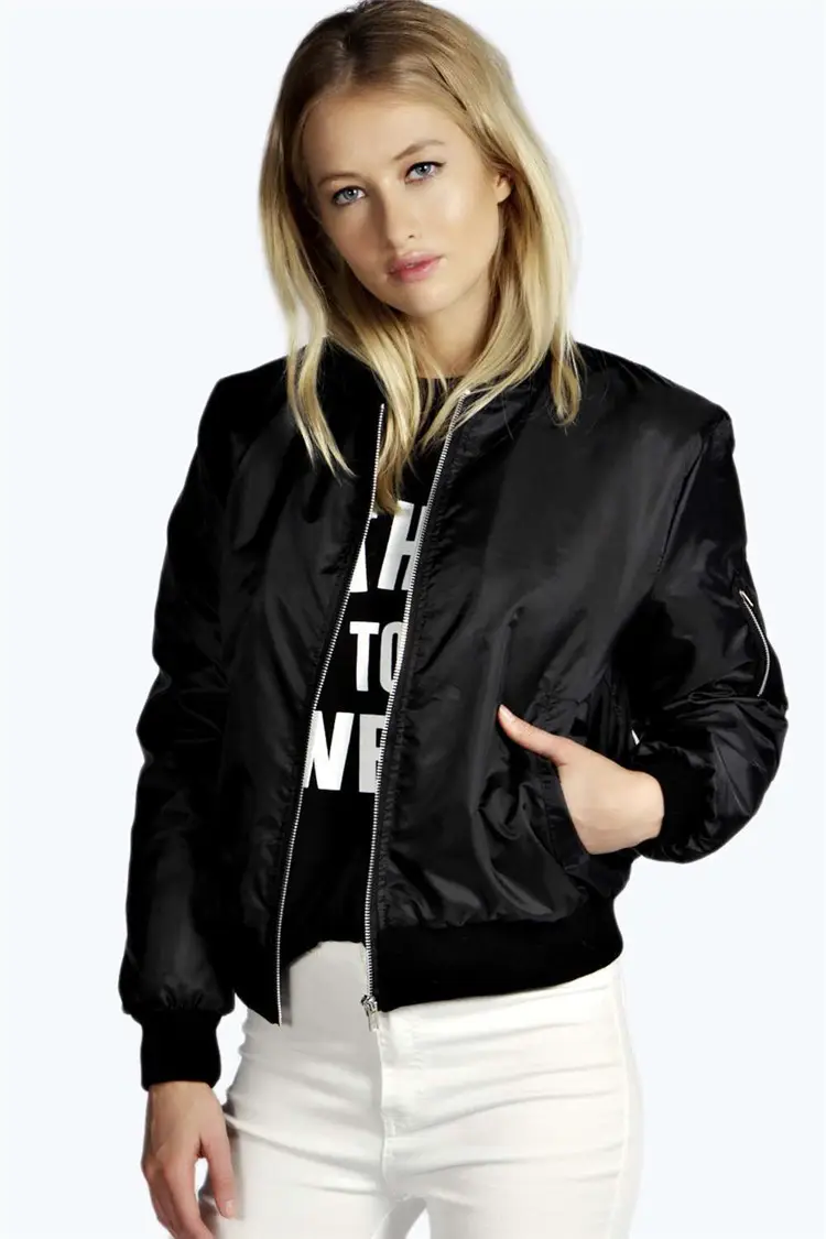 Black Bomber Jacket with White Print for Women — feature 4