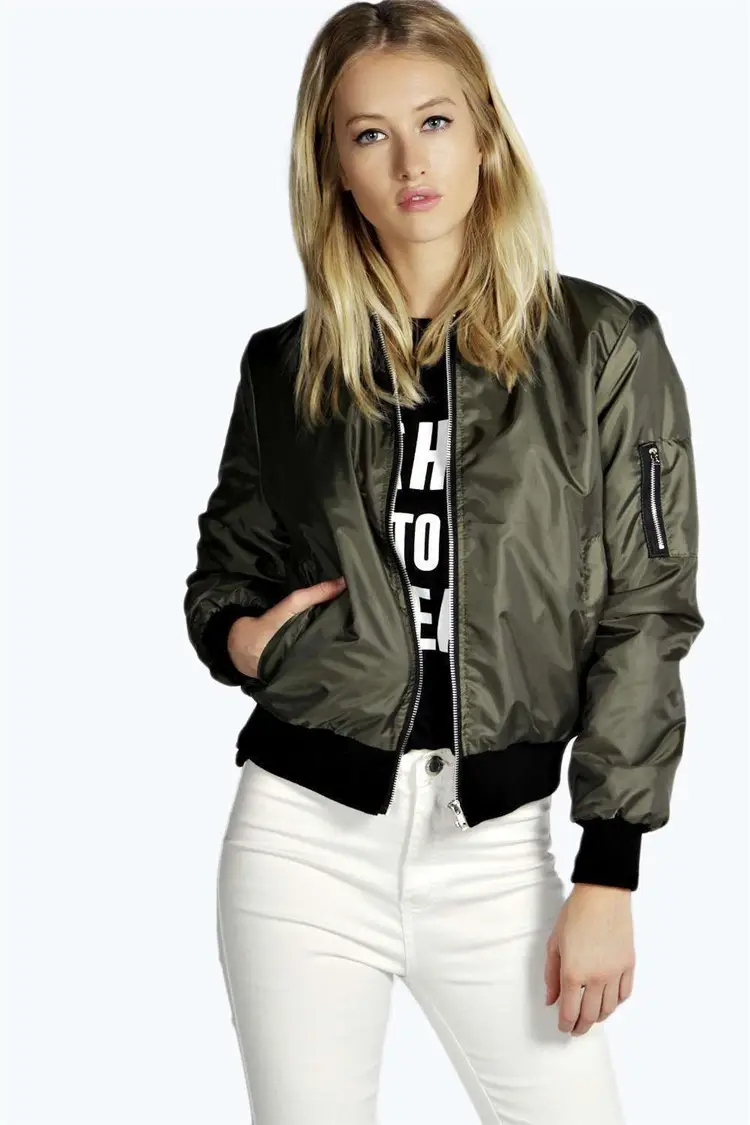 Black Bomber Jacket with White Print for Women — feature 5