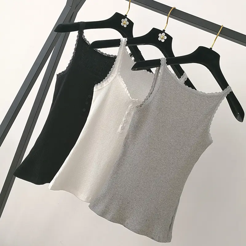 2024 Summer Women's Lace Trim Camisole Black White Grey - Image 5