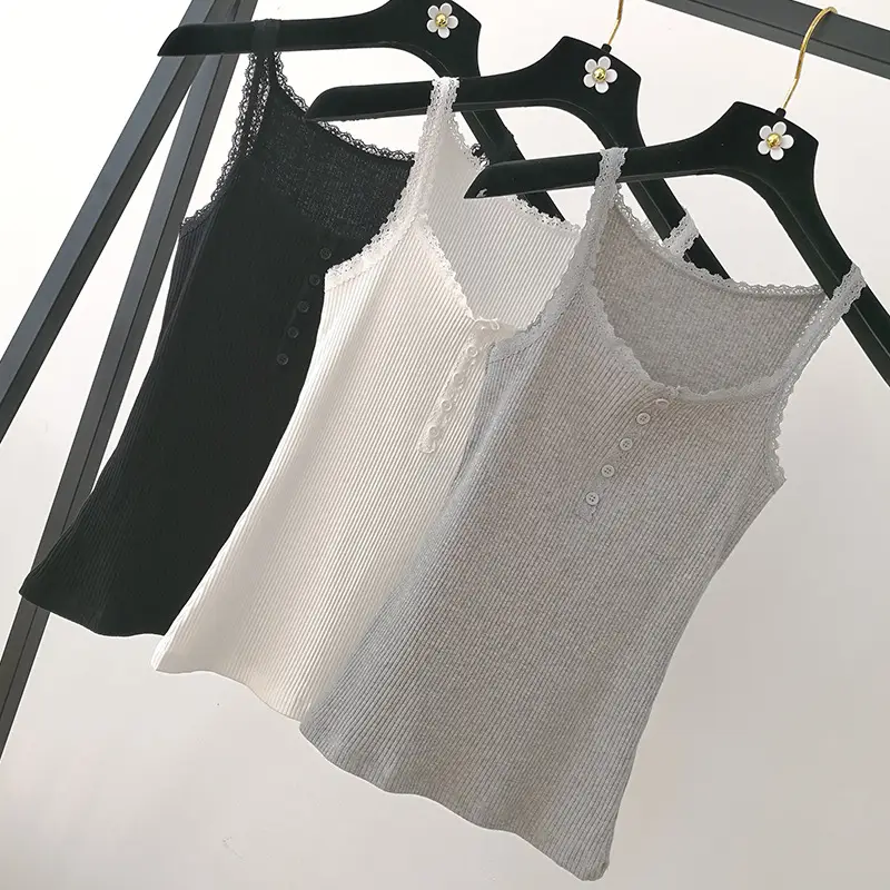 2024 Summer Women's Lace Trim Camisole Black White Grey - Image 6