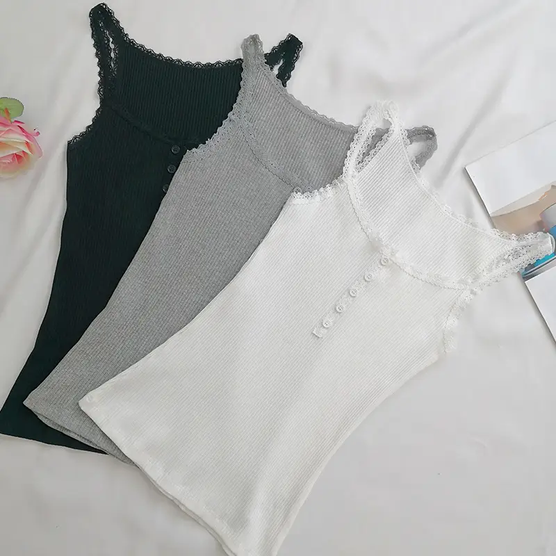 2024 Summer Women's Lace Trim Camisole Black White Grey - Image 7