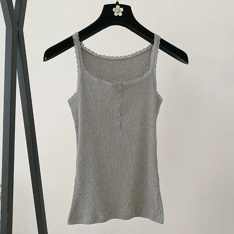 2024 Summer Women's Lace Trim Camisole Black White Grey - Image 2