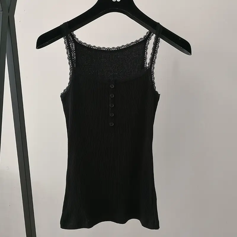 2024 Summer Women's Lace Trim Camisole Black White Grey - Image 3