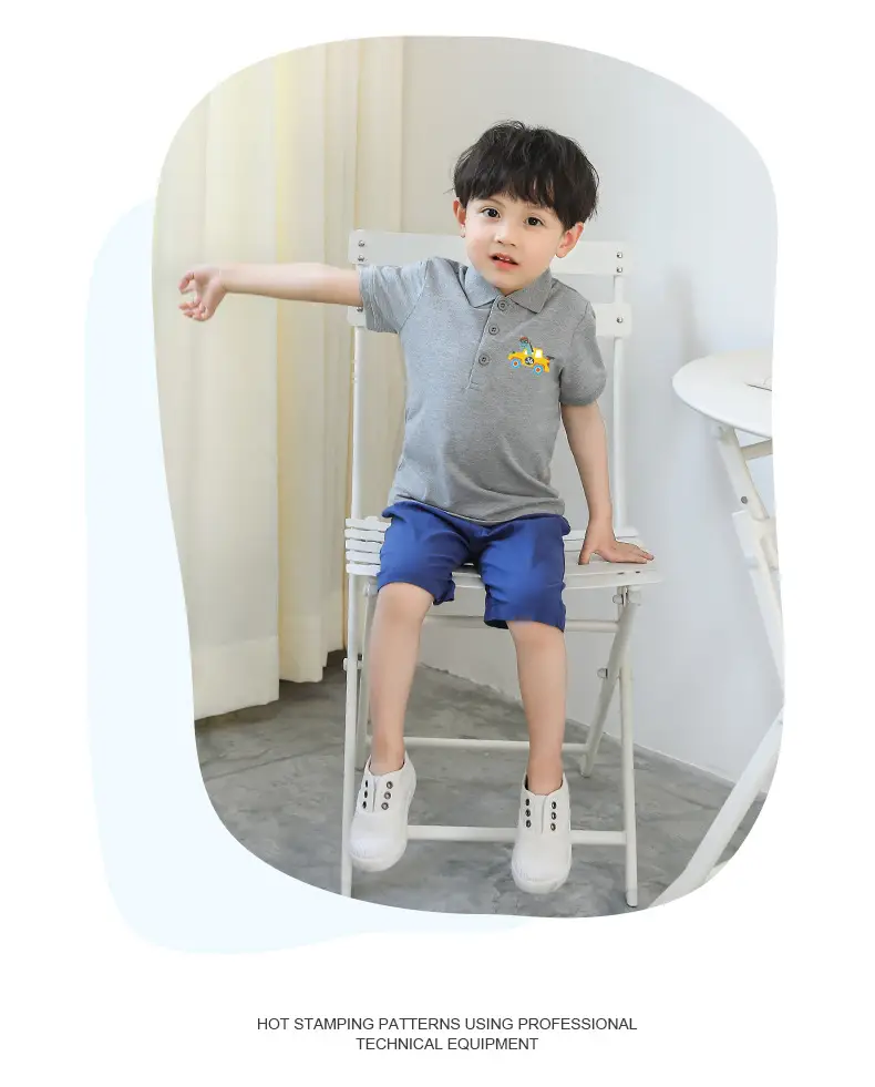 Kids Cotton Polo Shirt Grey Cartoon Print — feature 9