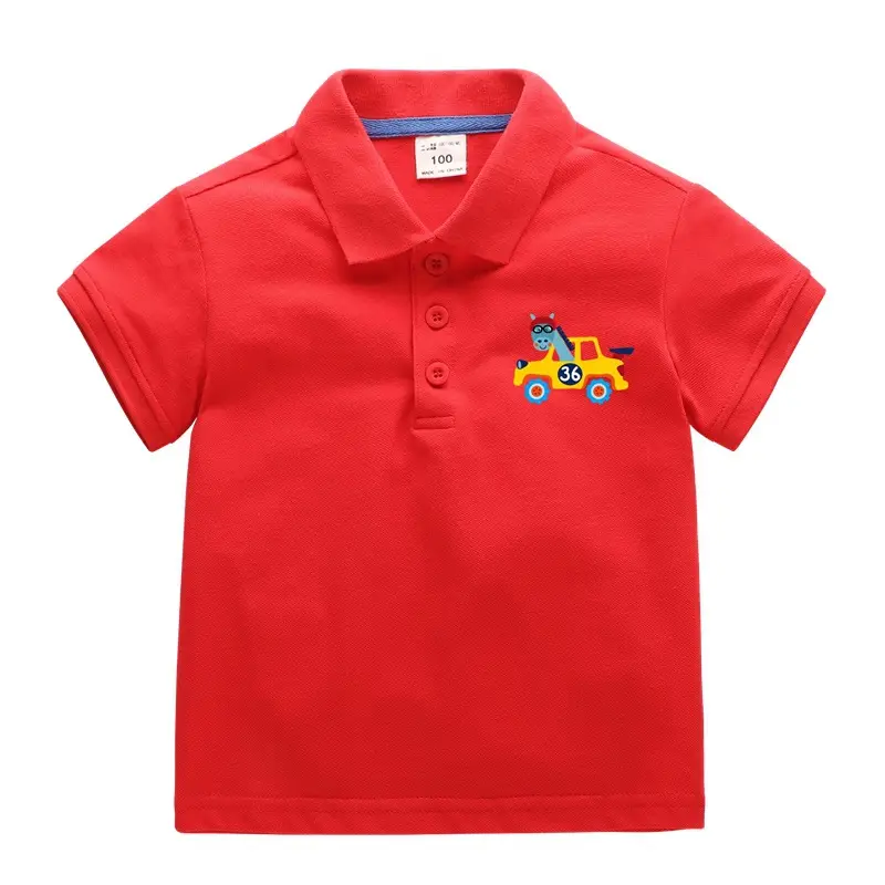 Kids Cotton Polo Shirt Grey Cartoon Print - Image 2