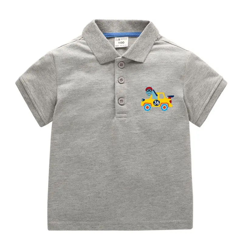 Kids Cotton Polo Shirt Grey Cartoon Print - Image 3
