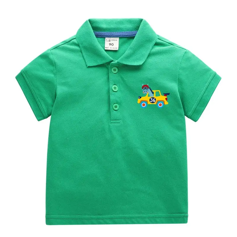 Kids Cotton Polo Shirt Grey Cartoon Print - Image 4