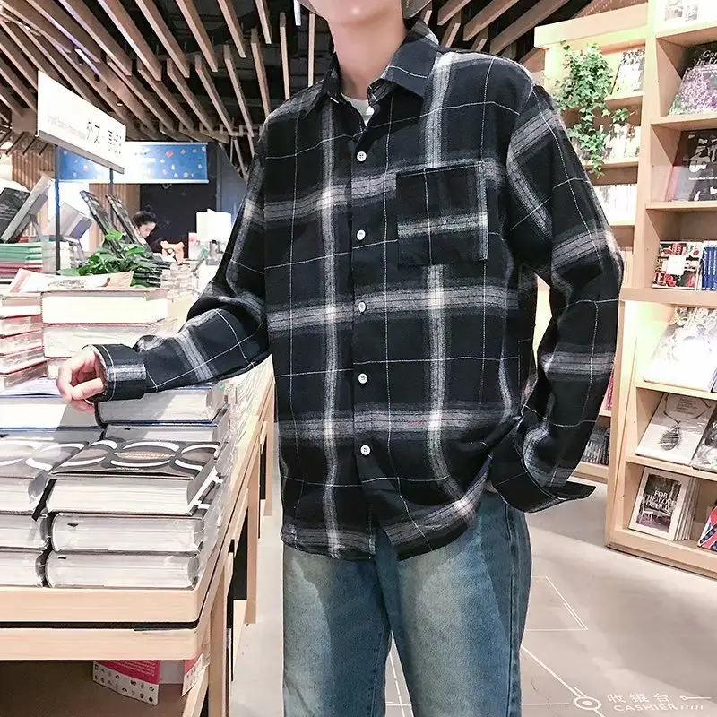 Men Long Sleeve Plaid Shirt Black White Korean Style