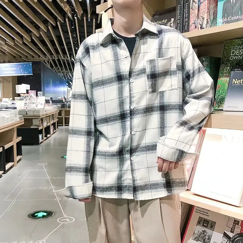 Men Long Sleeve Plaid Shirt Black White Korean Style