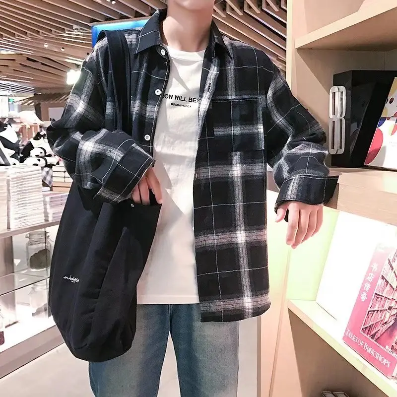 Men Long Sleeve Plaid Shirt Black White Korean Style