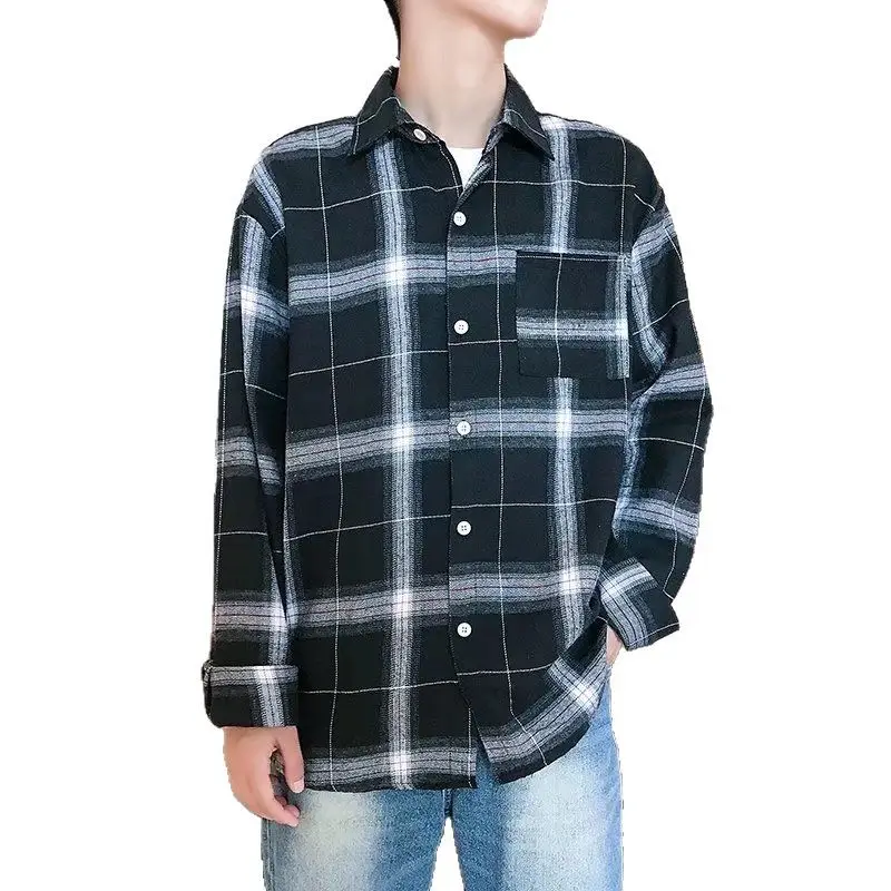 Men Long Sleeve Plaid Shirt Black White Korean Style