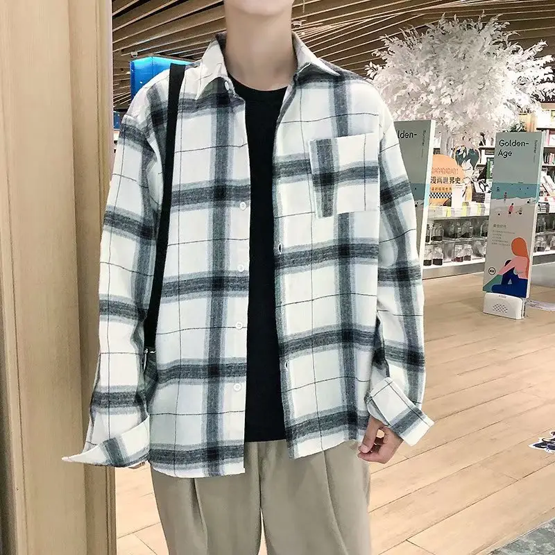 Men Long Sleeve Plaid Shirt Black White Korean Style