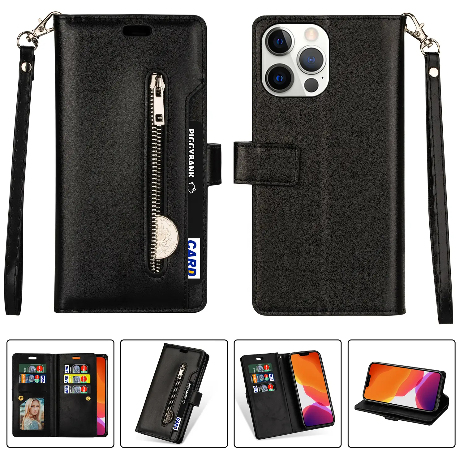 IPhone 13 Pro Leather Zipper Case with 9 Cards - Image 12