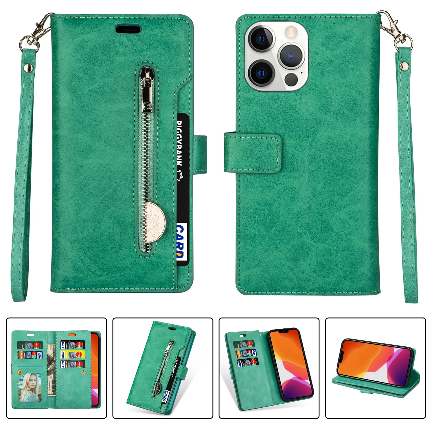IPhone 13 Pro Leather Zipper Case with 9 Cards - Image 2