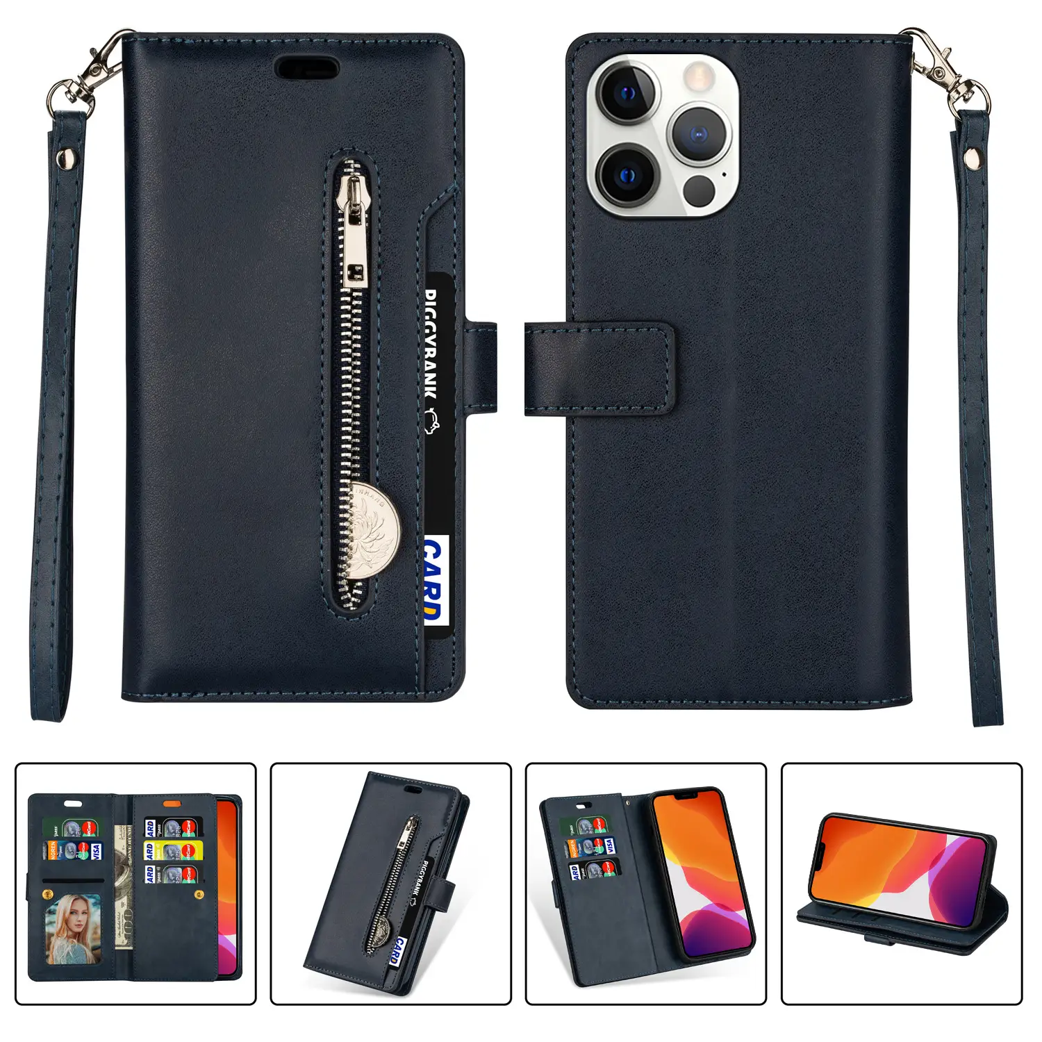 IPhone 13 Pro Leather Zipper Case with 9 Cards - Image 6