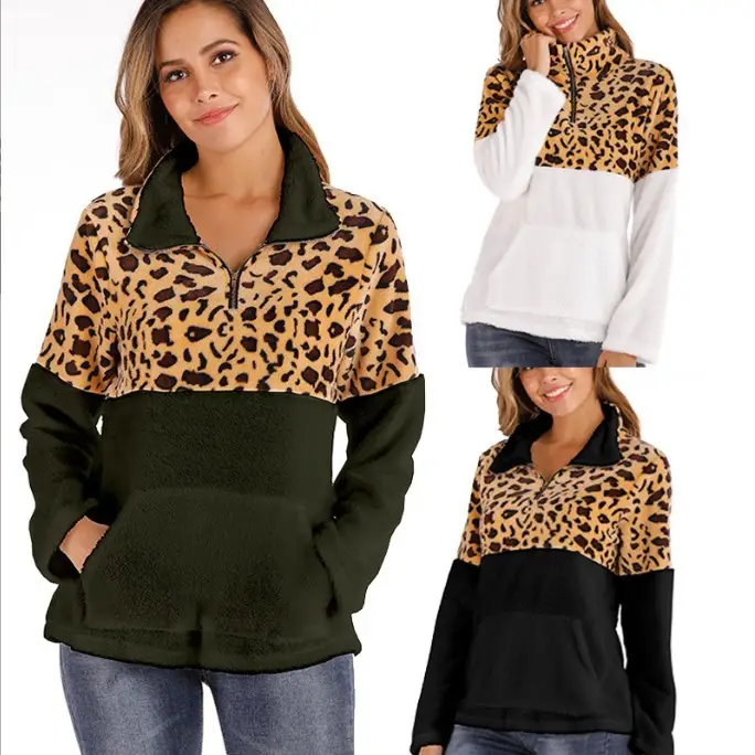 Leopard Print Long Sleeve Sweatshirt Brown Spliced Top - Image 2