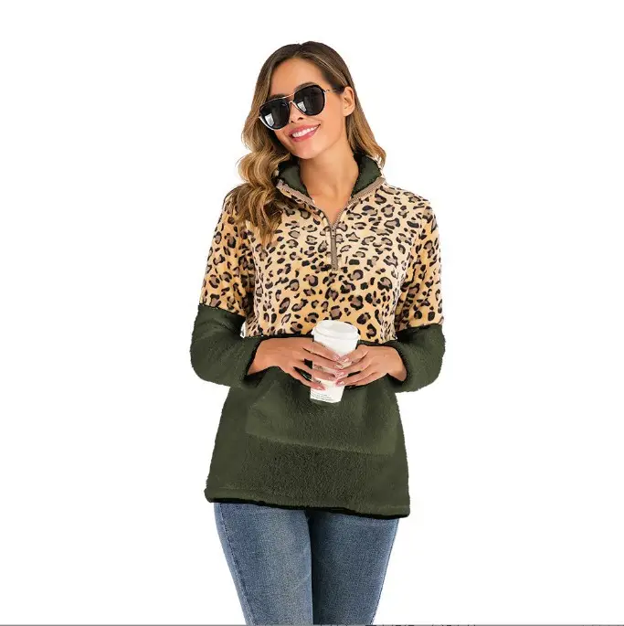 Leopard Print Long Sleeve Sweatshirt Brown Spliced Top - Image 3