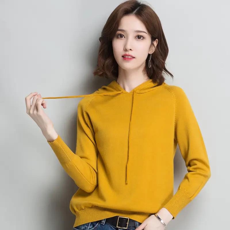 Women's Yellow Hooded Knitted Sweater Jacket